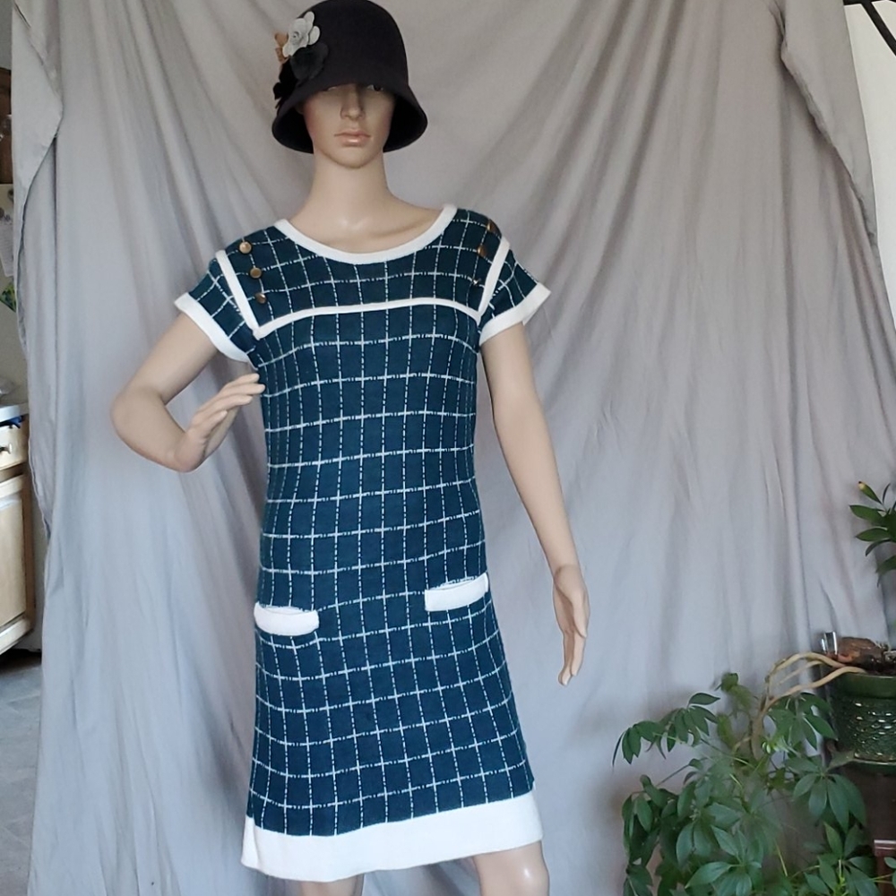 Blue and white checkered sweater dress